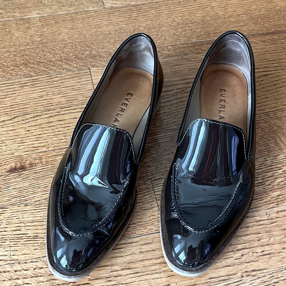 Everlane patent leather loafer, bitter chocolate